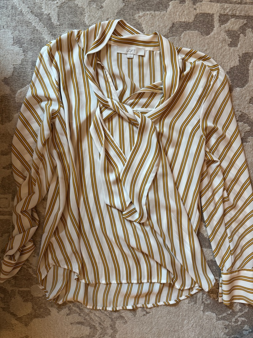 LOFT Striped Tie-Neck Blouse in White and Mustard
